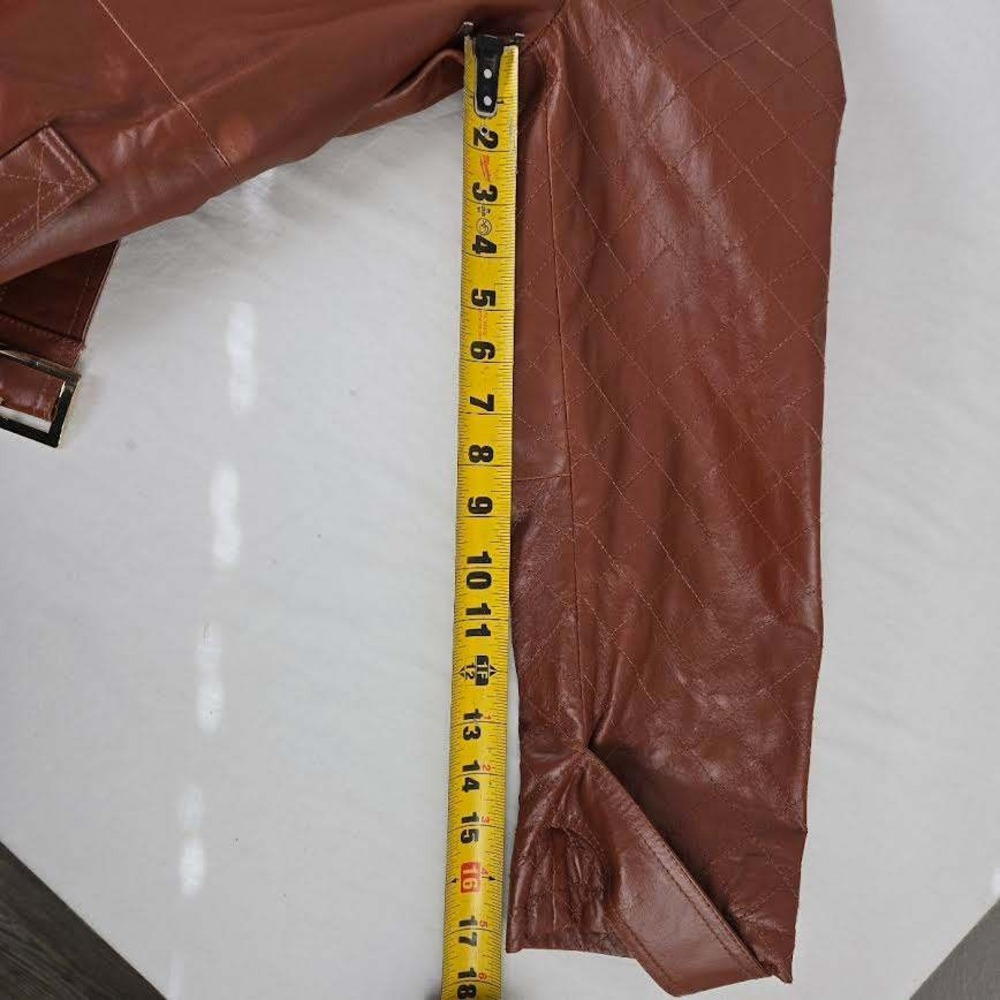 Women's Brown Leather Double-Breasted Trench Coat - Picture 11 of 11